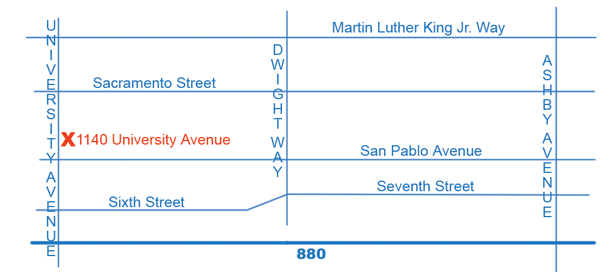 Map showing the location of A C Lock Service on University Avenue in Berkeley CA between San Pablo Avenue and Sacramento Street
